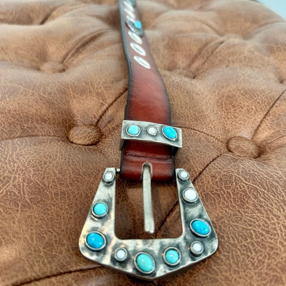 Western Brown Belt with Turquoise Studded Buckle & Concho Details - Picture 2 of 4